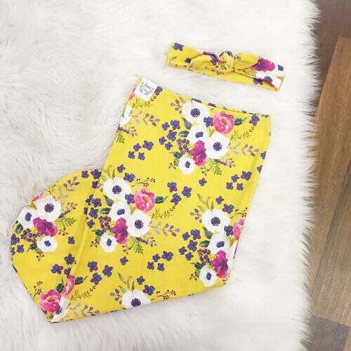 Miękka bawełna noworodka otrzymaniu koc kwiatowy dla niemowląt bawełna przewijać dziecko koc zawinąć śpiwór 2 szt 0-6 M: żółty