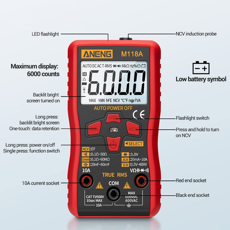 M118a digitale mini multimeter smart tester auto mmultimetro true rms transistor meter med ncv data hold 6000 tæller lommelygte