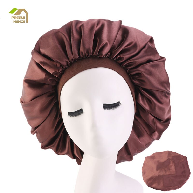 Ensfarvet satin hat hår nat badehætte til badeværelse hairbonnet sleep night cap cap til kvinder stor størrelse print satinsilk: Chokolade
