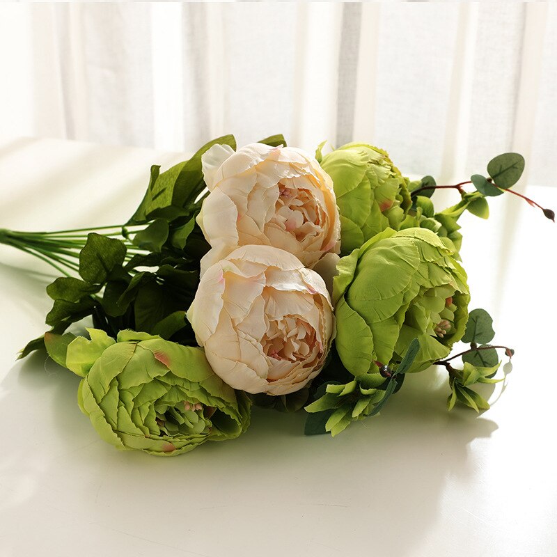 13 grener små ferske, kunstig silkepionbuketter store blomster til bryllupsfest kontorhotell og hjemmedekorasjon: 15