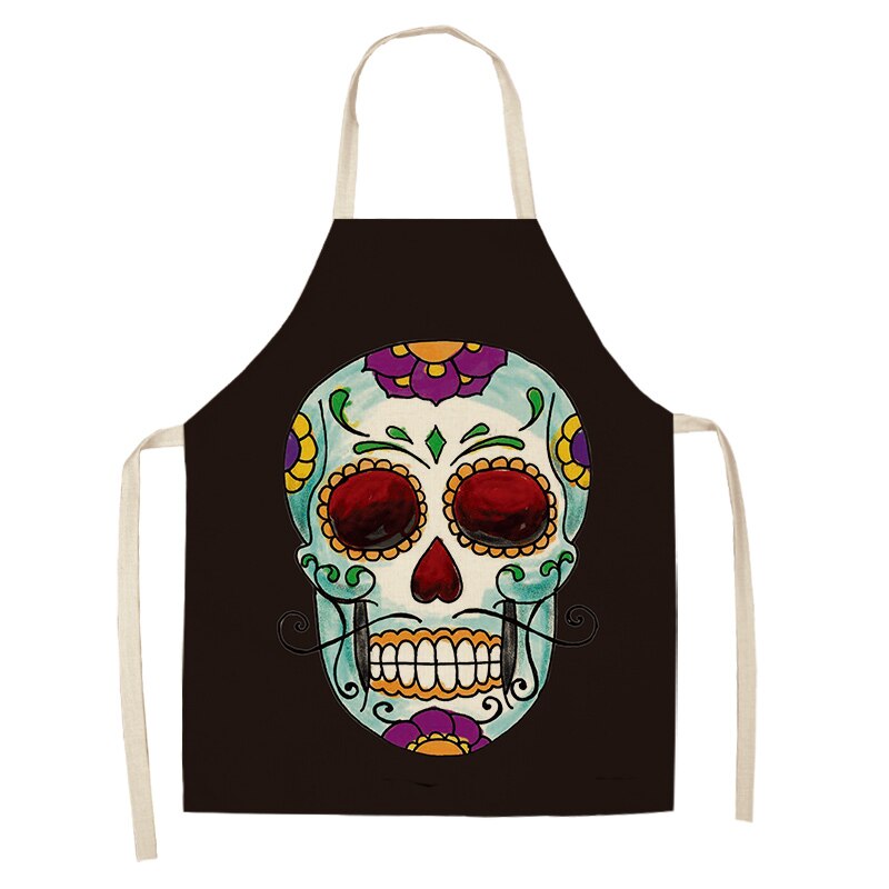 1Pc Skull Pattern Kitchen Chef Apron for Cooking Sleeveless Cotton Linen Aprons Adult Bibs Home Cleaning Accessories 53*65cm: L