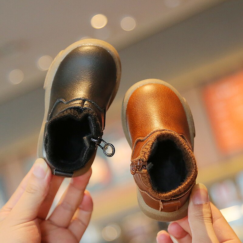 11.5-15.5Cm Jongens Pu Lederen Winter Casual Schoenen Met Dunne Fluwelen Voor Herfst Vroege Winter Peuter Kids Breien patch Enkellaarsjes