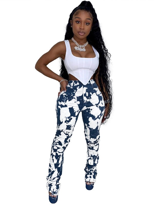 Offre spéciale jean empilé femmes crayon pantalon taille haute jean Graffiti Stretch pantalon en Denim maigre maman dropshching: XXL