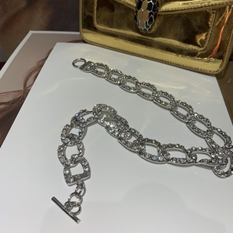 Peri'caja Color plata brillante gruesa cubana cadena collares Rhinestone gargantilla collares para las mujeres de palanca de cierre collar de declaración