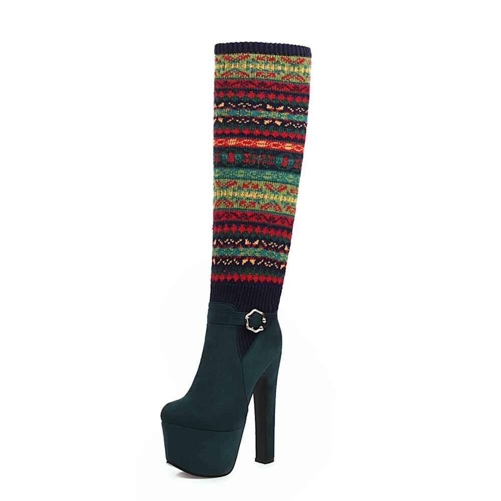 Cuissardes à plateforme pour femme, chaussures d&#39;hiver à talons hauts, motif de noël, WSH3700: Green / 12