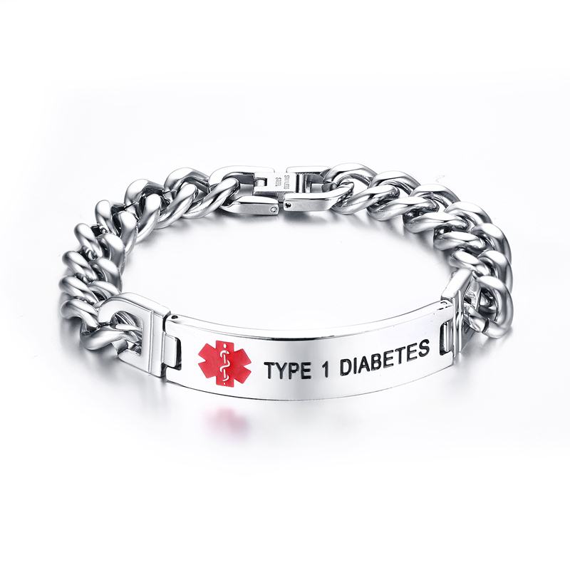 Bracelets en acier inoxydable pour femmes et hommes, bijoux , alerte médicale d'urgence pour diabète de TYPE 1: Default Title