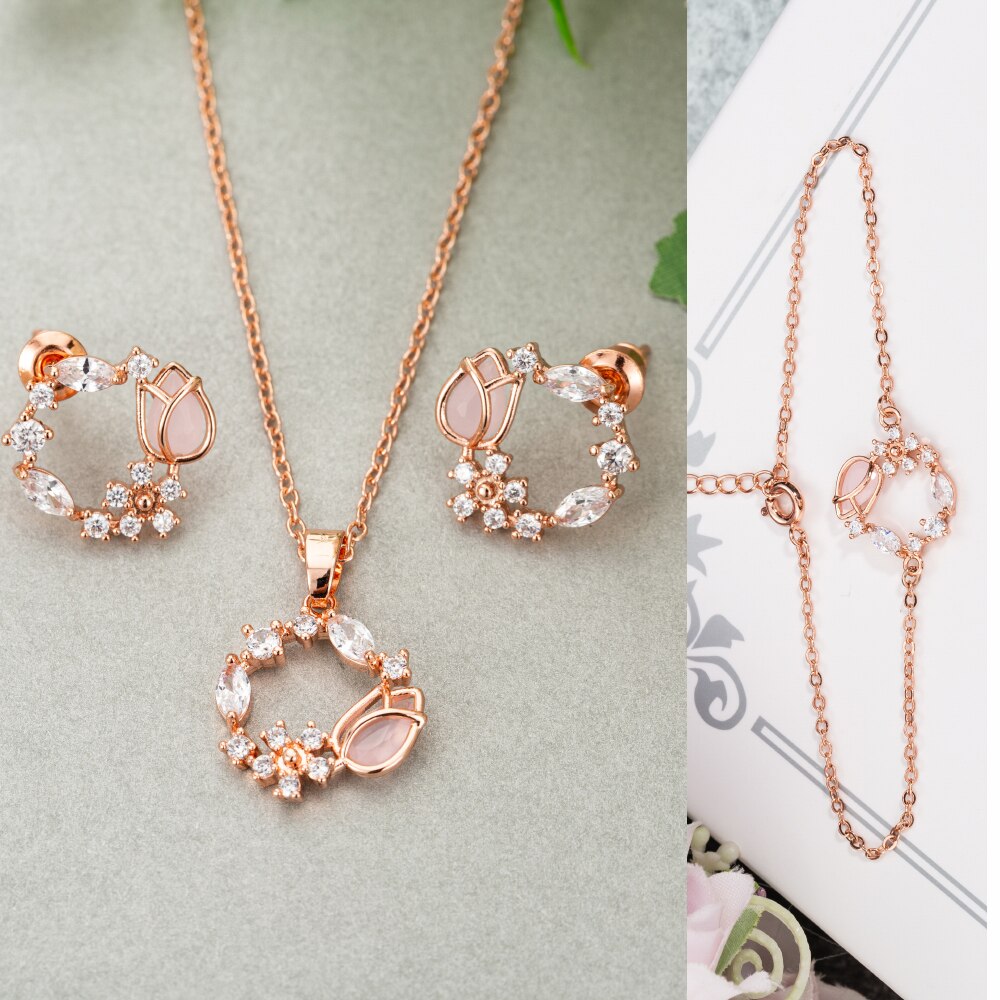 Trends pink tulipan øreringe rosa guld halskæde øreringe smykke sæt tidløse klassiske søde zirkon brude bryllup smykker: 3 stk. rosaguld