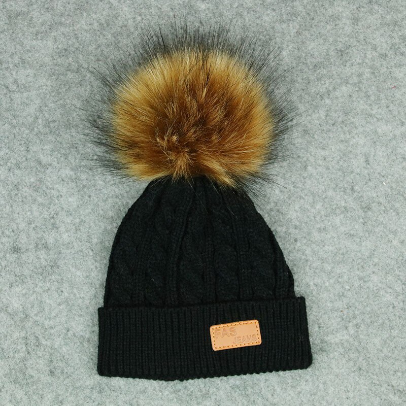 Gorro de lana con bola de pelo para niños, gorro de esquí cálido para deportes al aire libre, nieve, esquí, snowboard: Negro