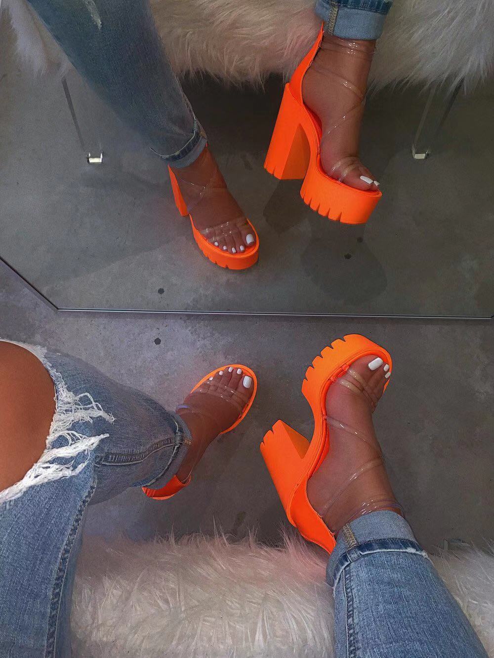 Summer Orange PVC Jelly Sandals Plus Size Thick High Heels Shoes For Women Narrow Band Platform Transparent Sandals Chaussure Fe