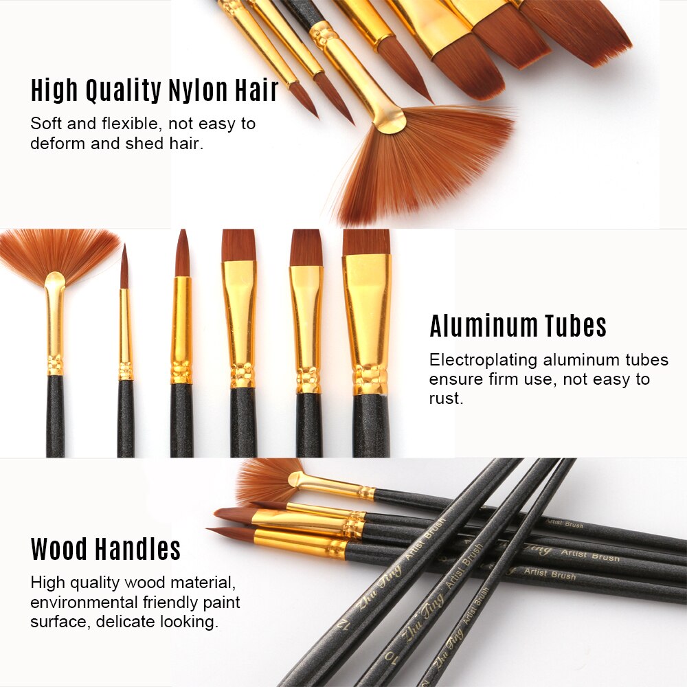 7pcs/set Art Paint Brushes Set Round & Flat & Filbert & Fan Tips Drawing Paintbrushes Nylon Hair Wooden Handle