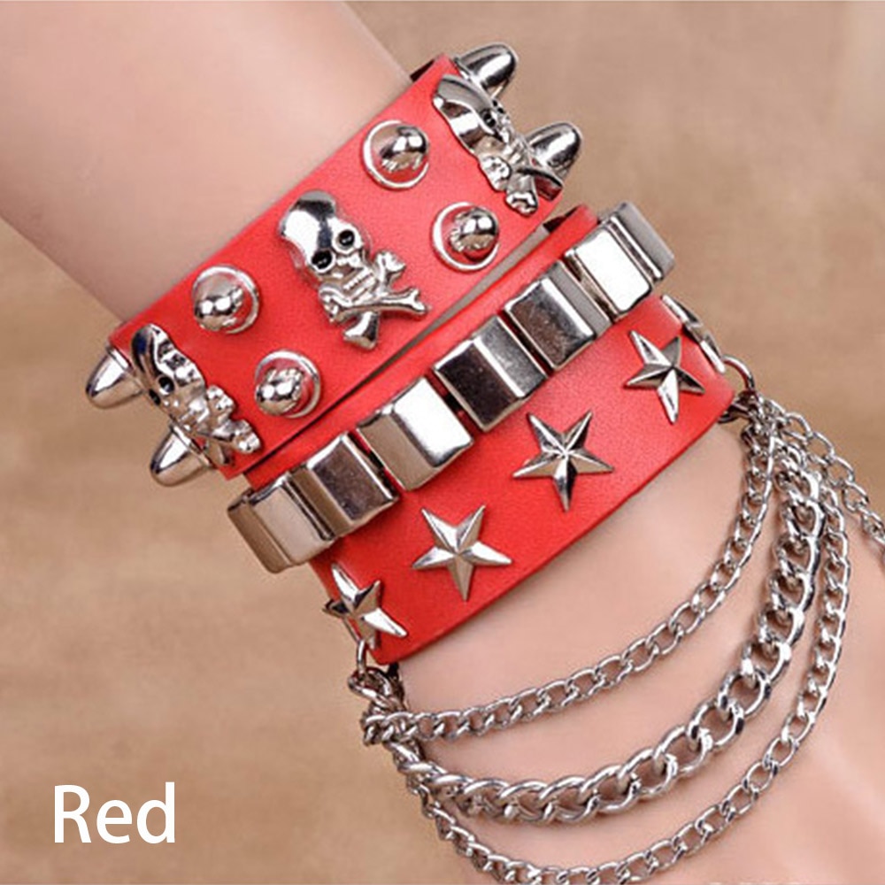 Gothic Skull Punk Jewelry Men Bracelet Women men punk skull Bracelet Rivet Leather Cuff Bangle W/Adjustable Button