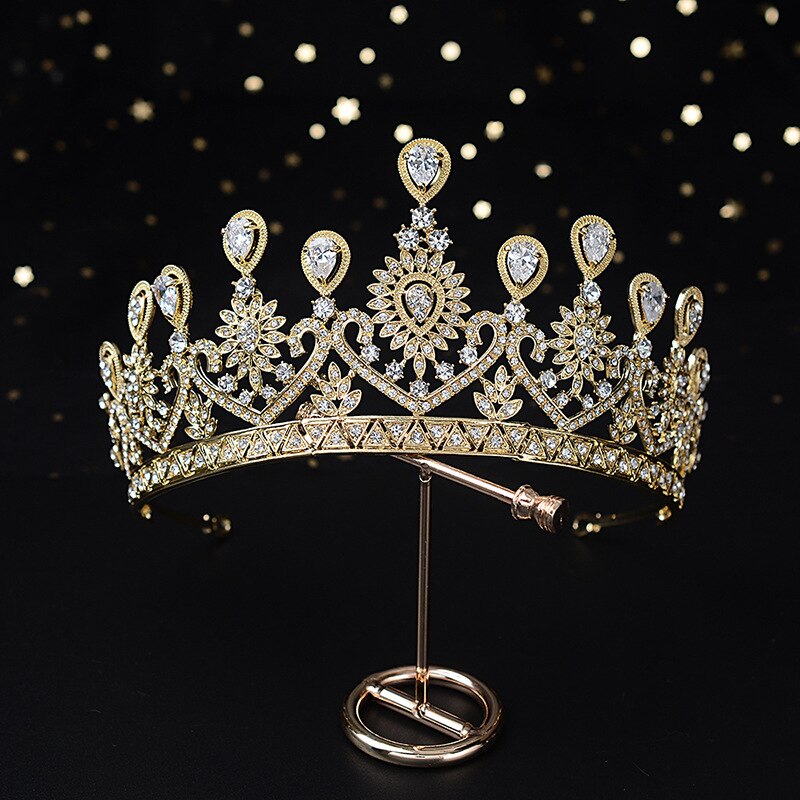 Cristal de luxo pavão nupcial tiaras cz coroas strass pageant diadema barroco coroa noiva headbands casamento acessórios para o cabelo: Gold