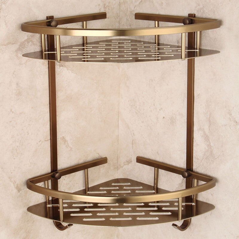 2-Tier Bathroom Shelves Antique Brass Material With Robe Hook Bathroom Storage Basket Wall Mounted Bathroom Corner Shelf 9115F