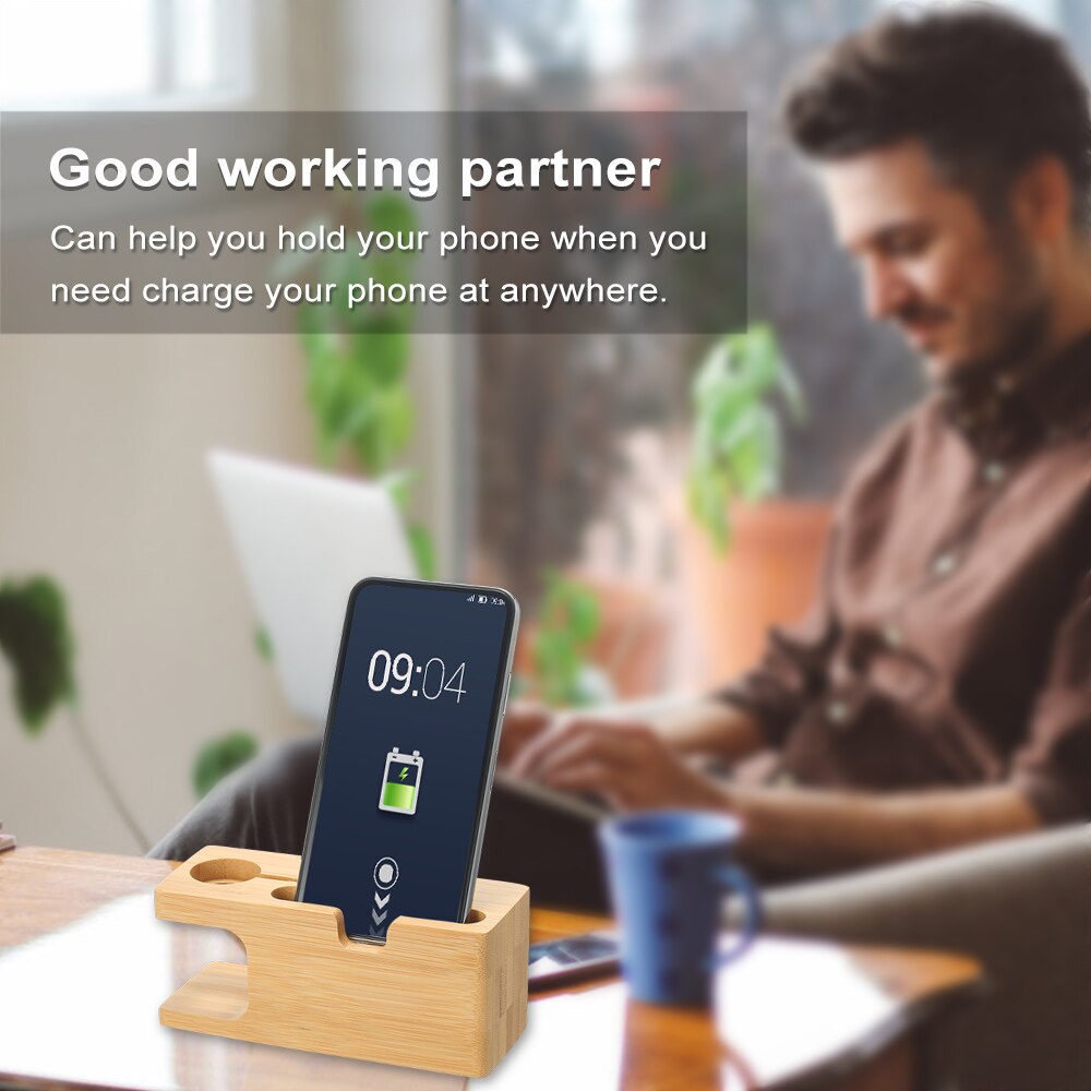 Najnowszy Smartphone ładowanie dok stacja bambus baza telefon uchwyt Smartwatch podstawka pulpit kolebka dla gabinet biurko dla telefon zegarek