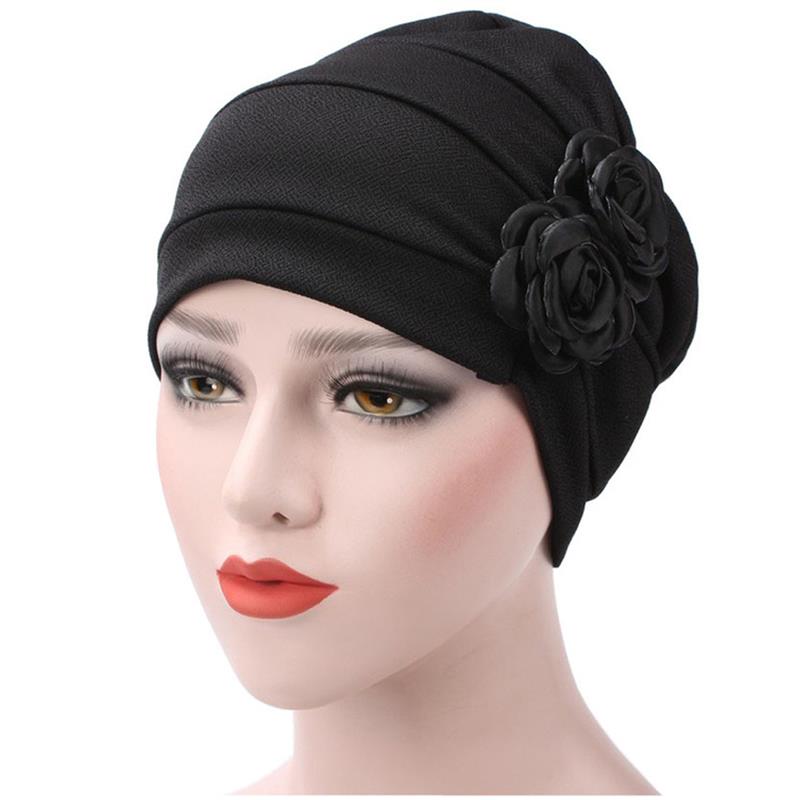 Women's Turban Hat Stylish Flowers Chemo Beanie Turban Headwear Chemo Cap: Black
