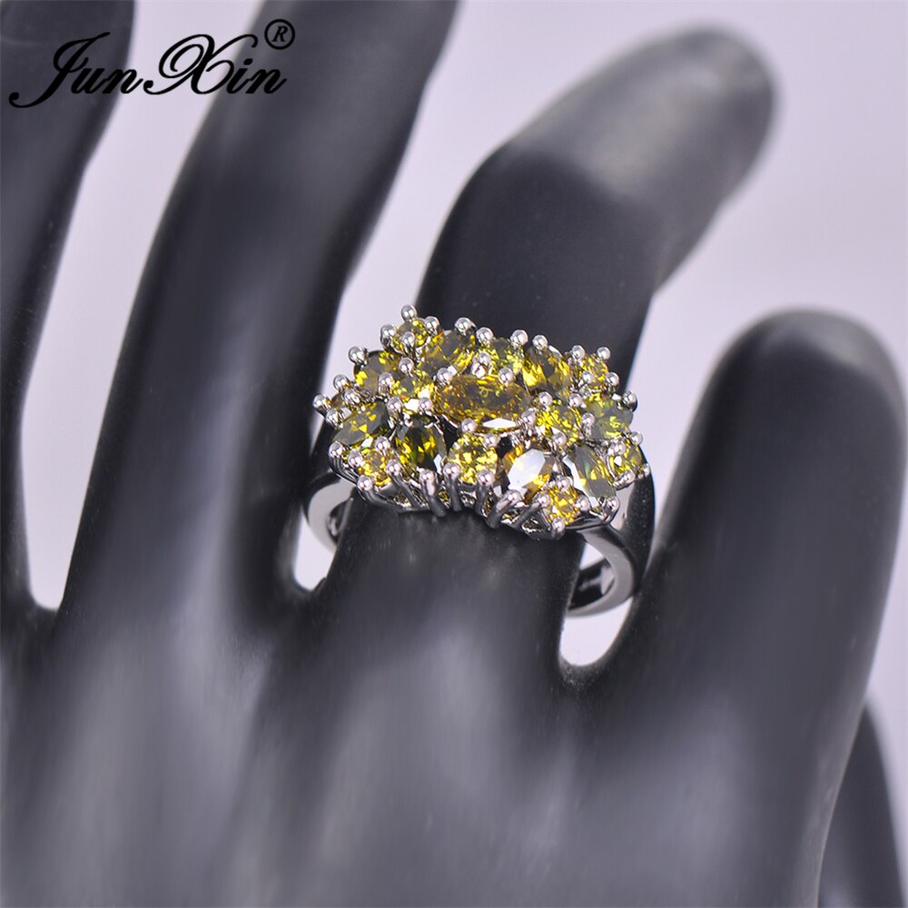 Junxin moda femminile peridot fiore zircone anello di lusso in oro bianco riempito di cristallo gioielli vintage anelli di cerimonia nuziale per le donne