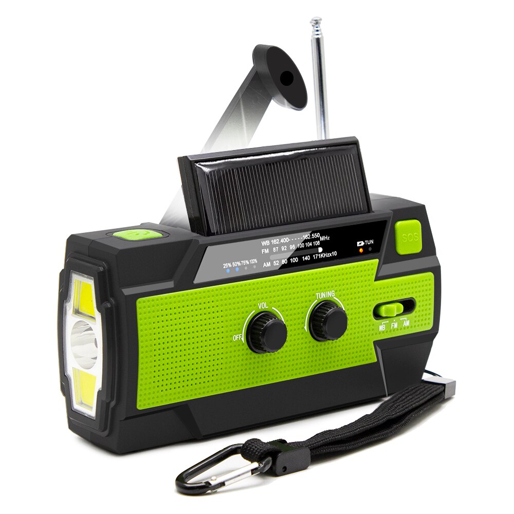 Multifunctional Radio Hand Crank Solar Crank Dynamo Powered AM/FM/WB Weather Radio with Led Lights 4000 MAh Power Bank SOS: green