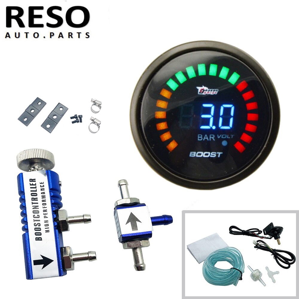 RESO--52mm Digital Electronic BOOST GAUGE 2" w/ 0-3 BAR Manual Boost Controller Kit Red/Blue/Black
