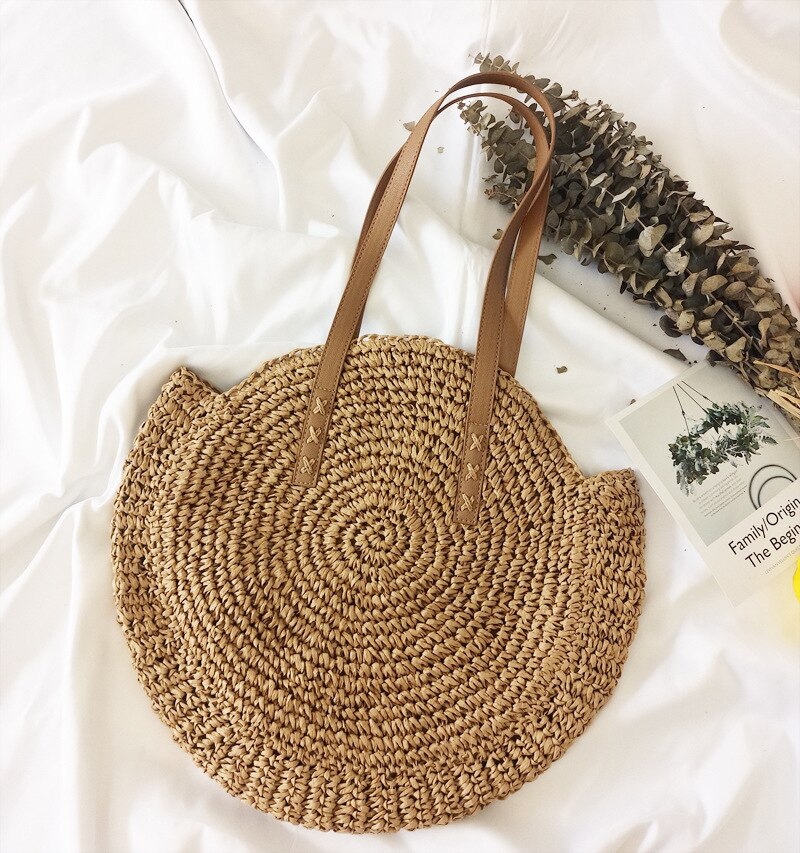 precioso bolso redondo de paja para mujer, bohemio, informal, de verano, tejido a mano, redondo, de mimbre, bolsos de playa, bolso de hombro de paja a la para mujer: 6