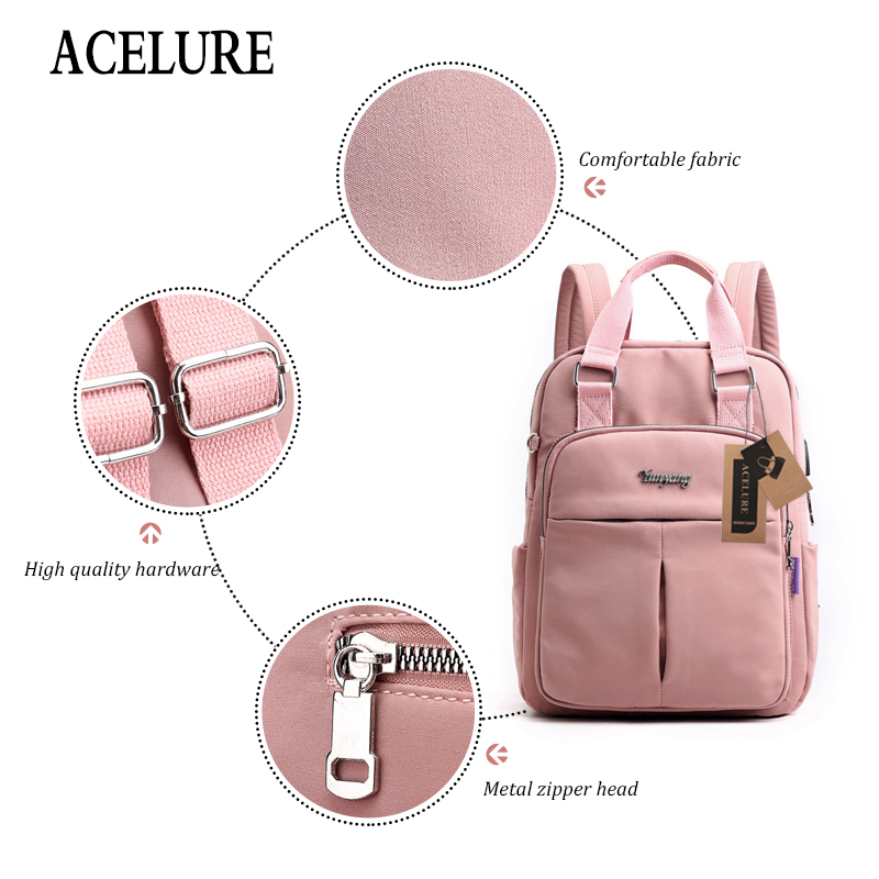 ACELURE Anti-vol USB Charge Nylon sac à dos étanche femmes école sacs à dos sac à dos sacs d'école adolescentes filles sac de voyage