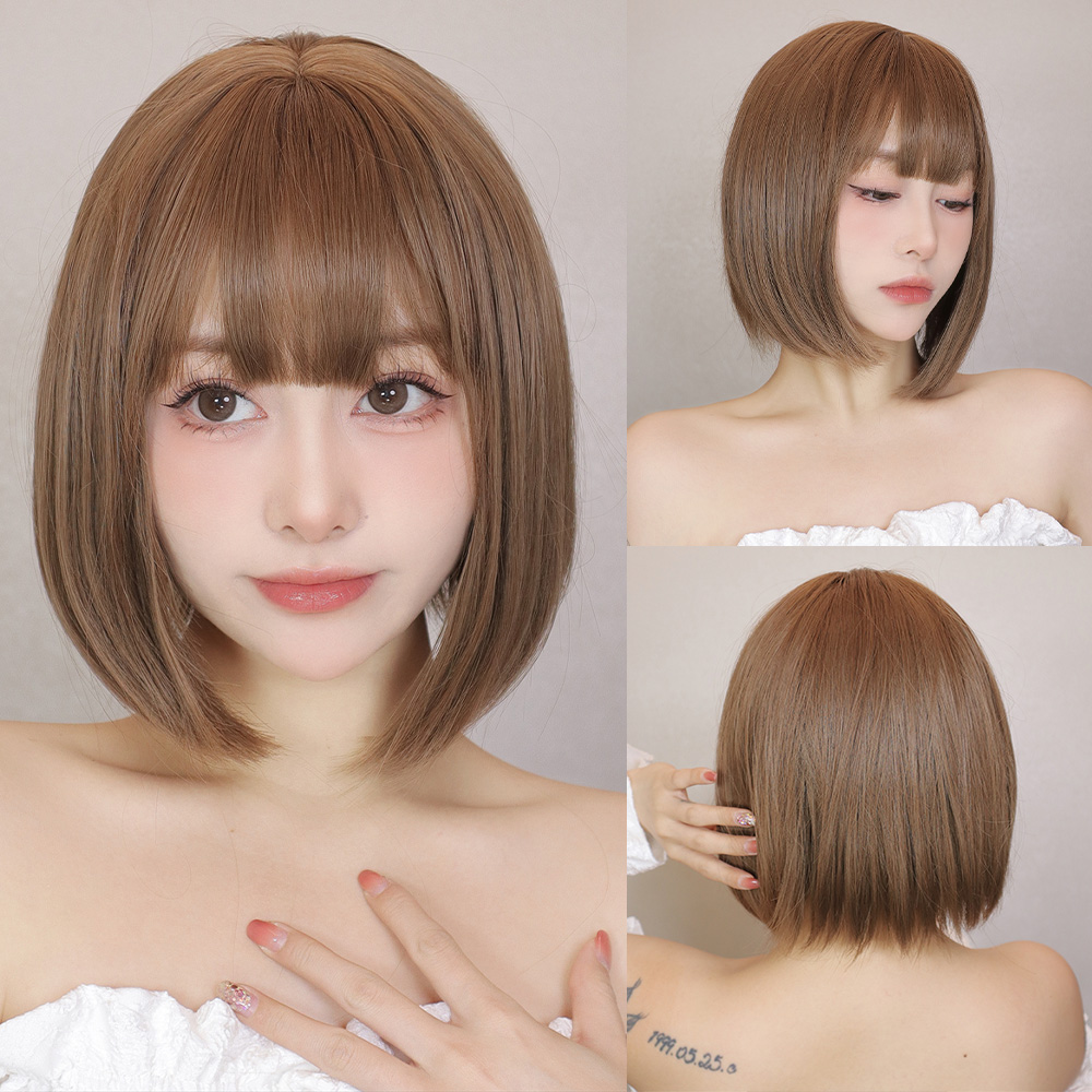 Korte Bob Synthetische Pruiken Zwart Bruin Steil Haar Pruik met Pony Natuurlijke Synthetische Haar Pruik Voor vrouwen Dagelijks Feest Cosplay Gebruik: Natuurlijke kleur