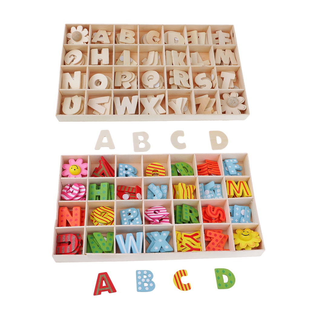 224 piezas Multicolor letras del alfabeto de Madera Juguetes para niños con bandeja de almacenamiento