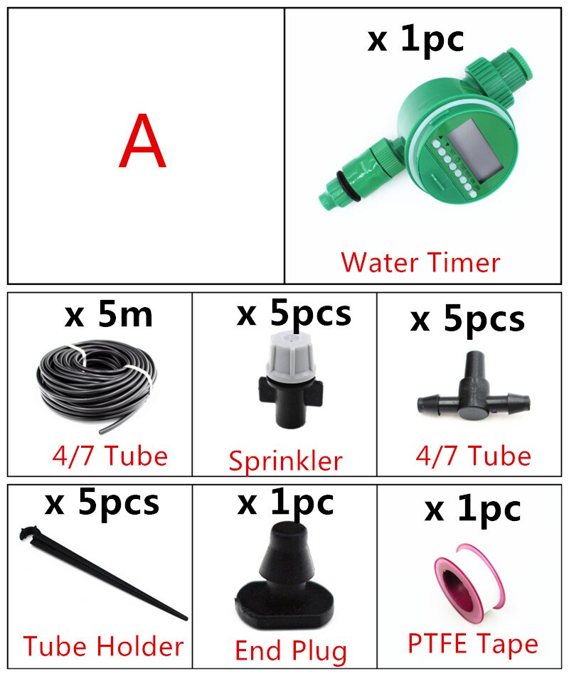 10/15/25m Misting Sprinkler Set With Water Timer Garden Drip Irrigation System Plant Automatic Dripper Gardening Watering: A  5m