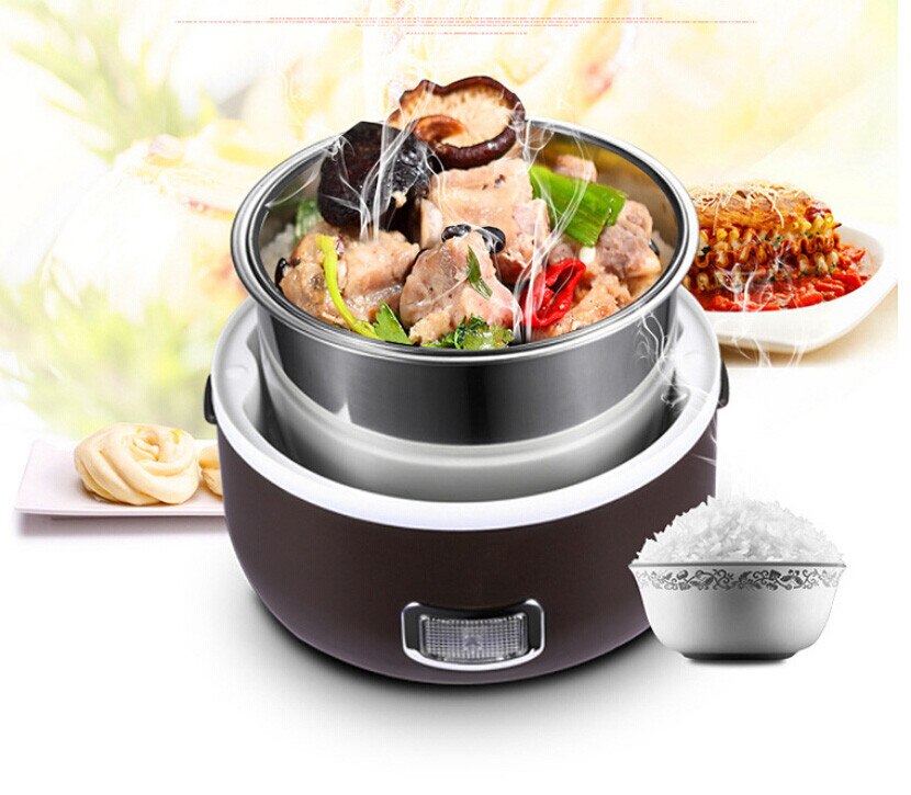 Newest 2 in 1 Portable Lunch Box Electric Rice Cooker Multifunction Mini Rice Cooker (1.3L) - Brown