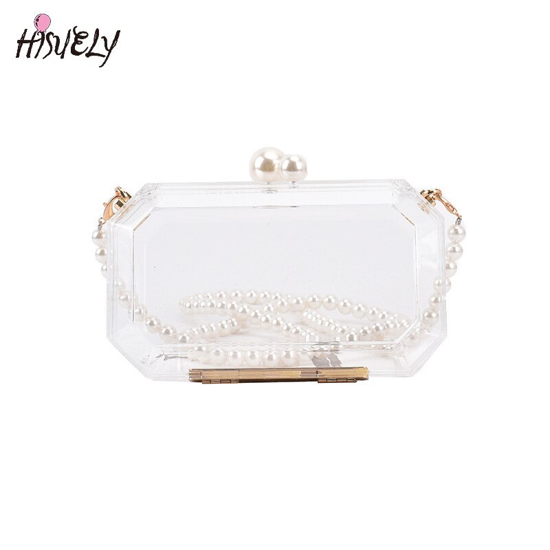 2022 moda trasparente scatola acrilica pochette borsa da donna trasparente borsa a forma di botte di plastica borsa da festa per ragazza con catena di perle