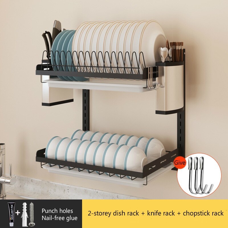 High Black Stainless Steel Dish Rack Wall Hanging Bowl Plate Rack Drain Shelf Free-punching Kitchen Storage Organizer: A
