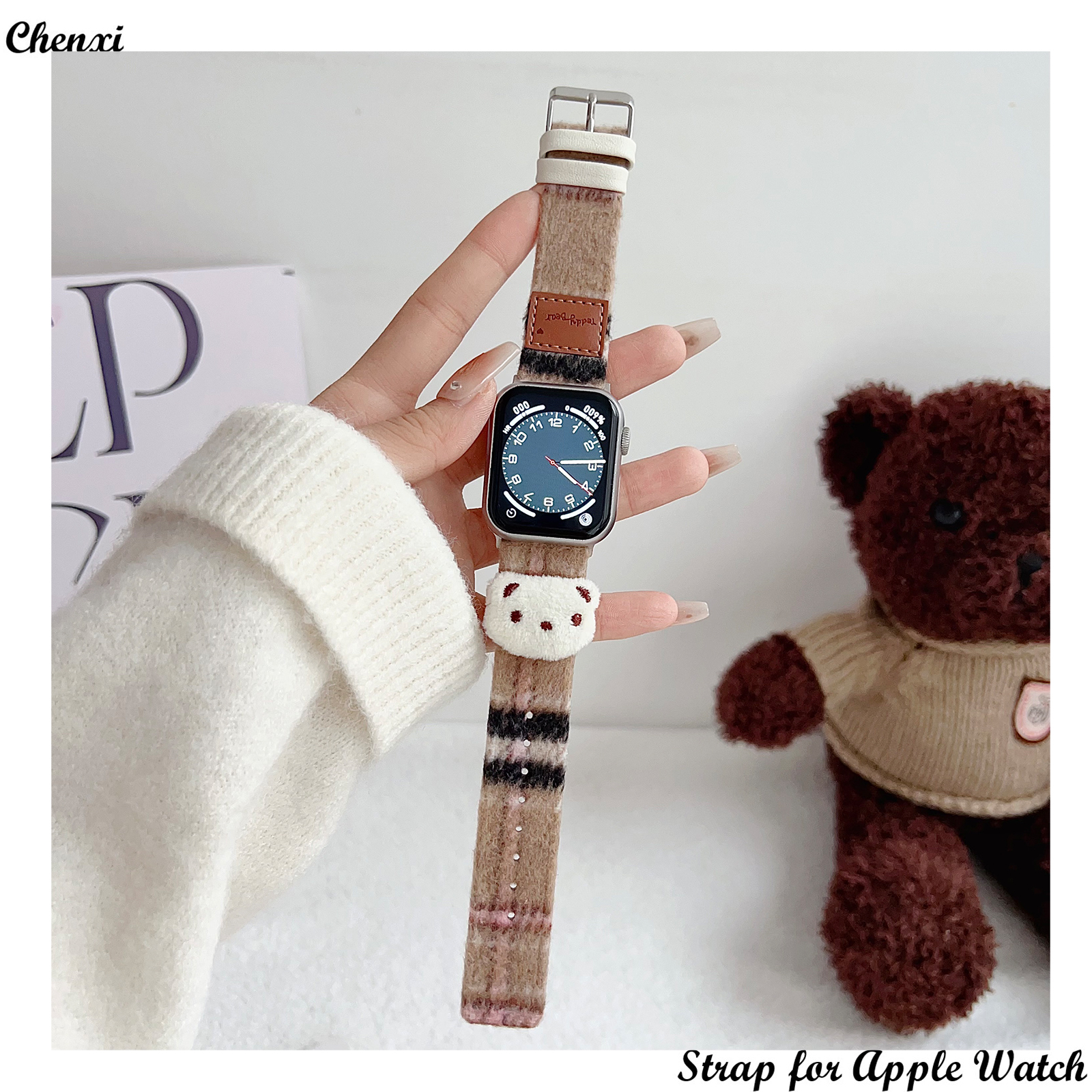 Leren band voor Apple Watch Band Meisjes Schattige beer Armbandketting met Iwatch9876SE Ultra40 41 44 45 mm Dames Pluche Doek Pols