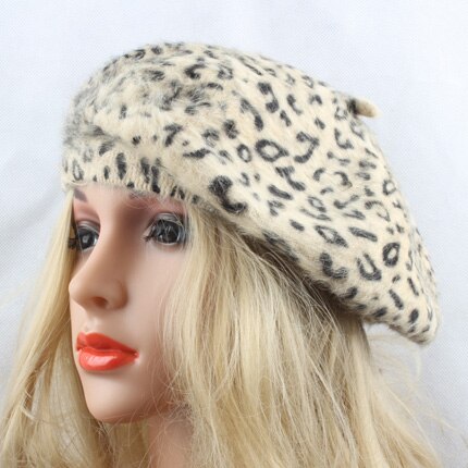 Kvinder uldhue baret damer leopardtrykt hat brand afslappet piger efterår og vinter varm strikket hat: Beige