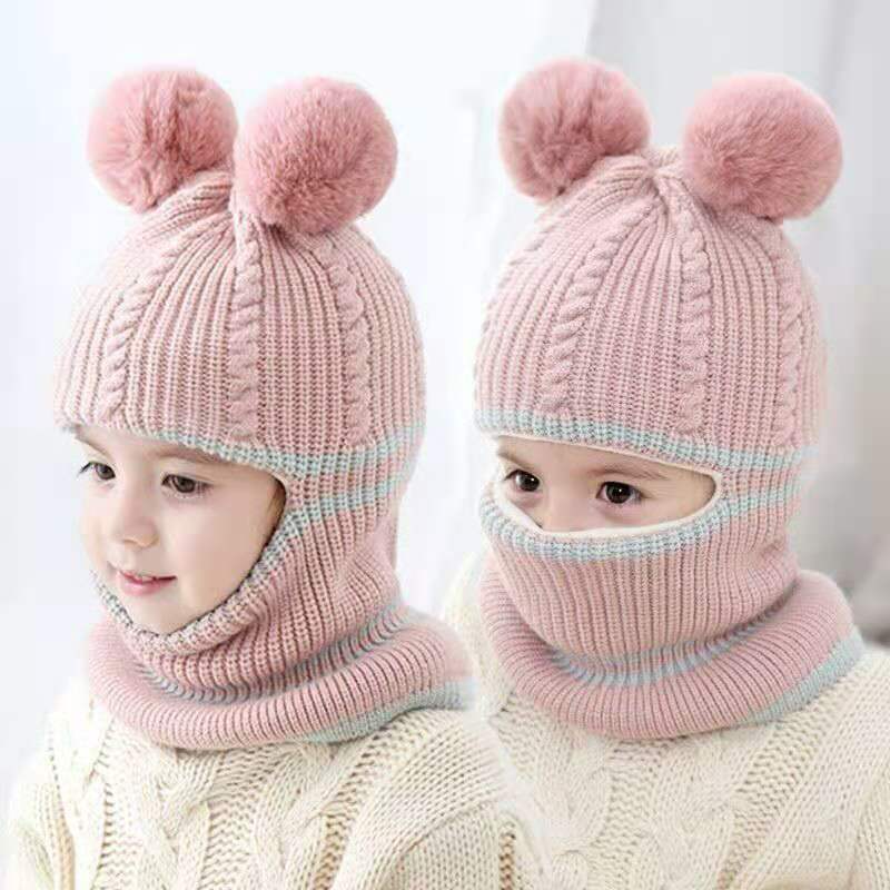 Kid Beanies Cap Scarf Set Kid Plush Ball Baby Girls Scarf Set Winter Warm Caps For Boys Girls 2-6 years old
