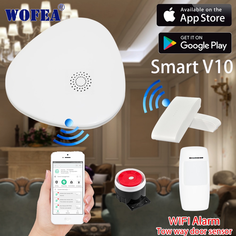 WOFEA Smart V10 wifi sistema de alarma de seguridad para el hogar con sensor de puerta de dos vías con control de la aplicación de notificación de mensaje abierto y cerrado