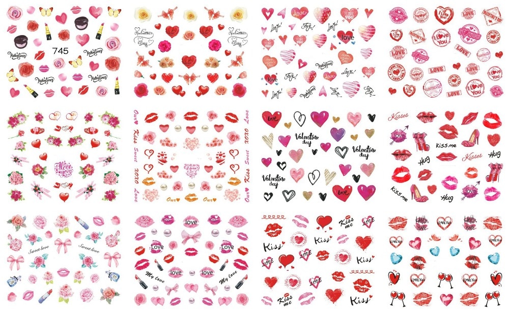 12 packs/sheet Water Decals Nail Art Stickers Diverse hart/lip beeld op Nagels van Paardebloemen Stickers Manicure voor liefhebbers Z021