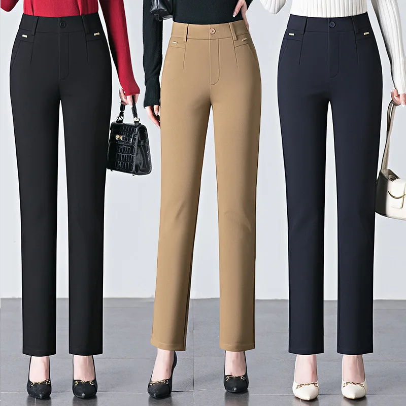 Svarta dambyxor med vardagskläder, snygga stretchbyxor, mörkblå khakifärgade slim fit-byxor, asiatisk storlek 27-33,