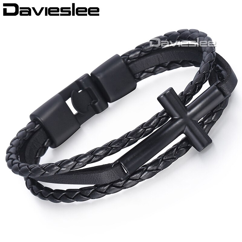 Davieslee Womens Mens Chain Cross Charm Bracelet Wristband Man-made Leather Braided Rope Link Black Silver Color 11mm LLBM117