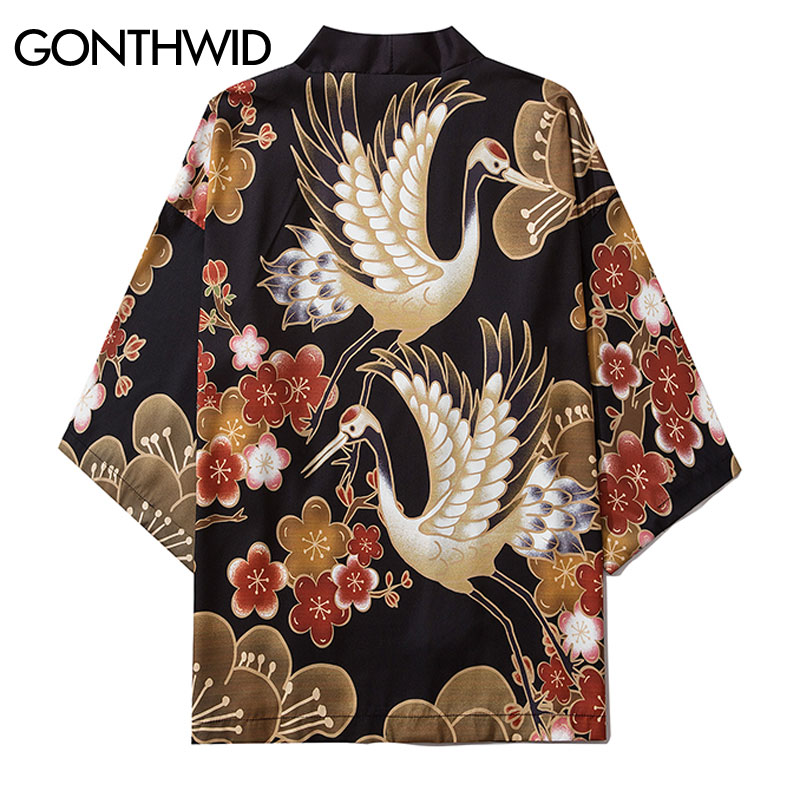 GONTHWID Harajuku Japanese Cranes Cherry Blossoms Floral Print Kimono Cardigan Shirts Streetwear Mens Summer Casual Jakcets Tops