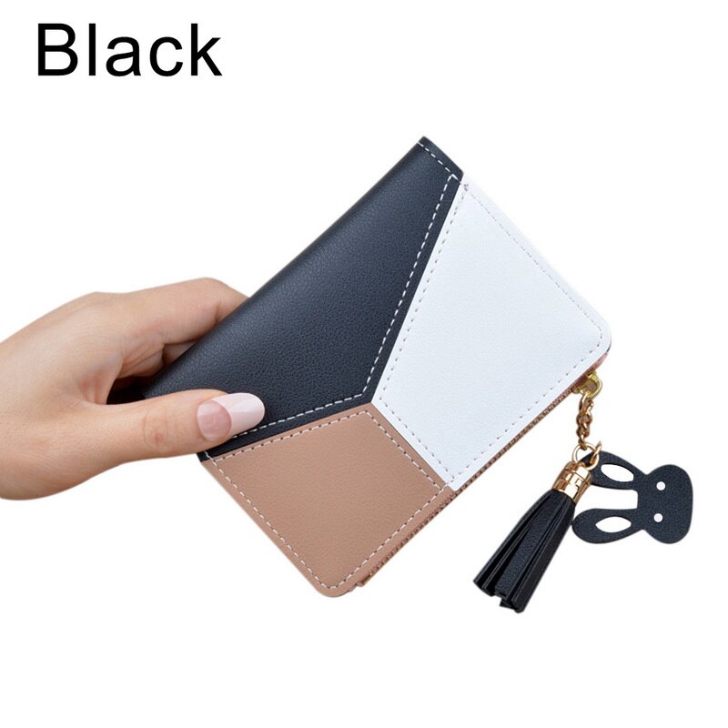 Ladies Wallet Short Zipper Student Tassel Korean Small Patchwork Coin Purse Soft Leather Thin Wallet Women: color 1