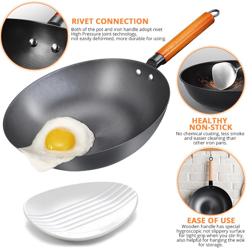 Wok-sartén antiadherente de hierro fundido hecho a mano, utensilio de cocina tradicional de china, con mango de madera