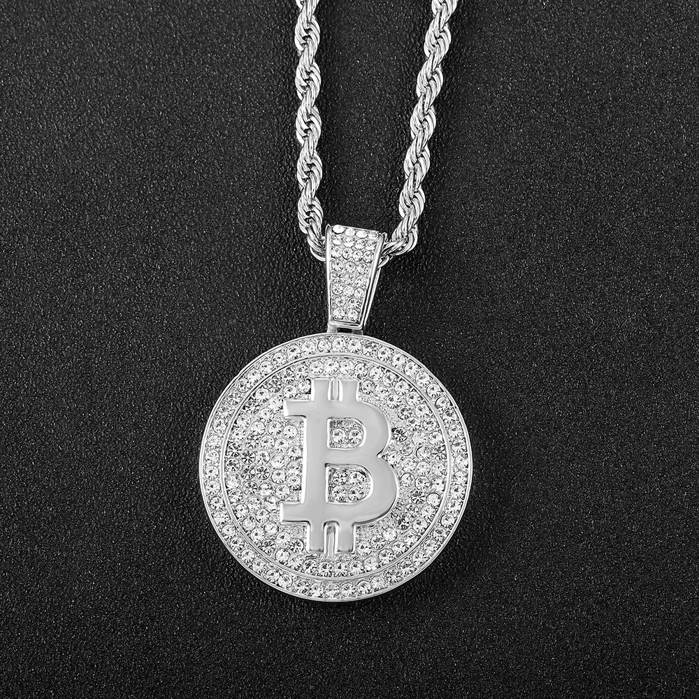 Novo iced para fora bitcoin pingente colar com 4mm corrente de tênis iced para fora bling corrente colar para homem strass cubano link chain: silver rope / 20inch