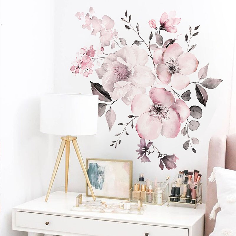 Rosa blommor väggdekaler för barnrum akvarell blomma vinyl tapet av flickor 3d barnkammare rum heminredning pvc dekaler: Fx -d01