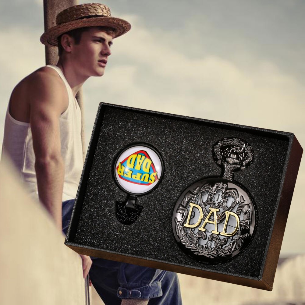 Vaders Dag Quartz Zakhorloge Hollow Gesneden Dad Zakhorloge Retro Creatieve Hanger Klok Ketting Ketting Super Dad