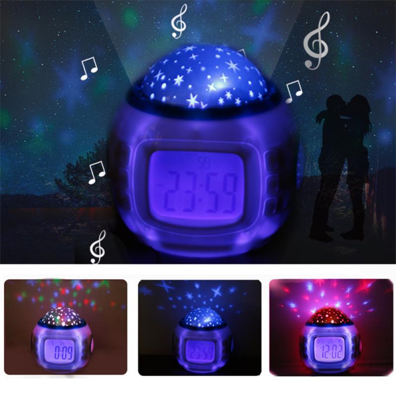 Bedroom Kids Music LED Starry Sky Night Digital Glowing Alarm Clock Temperature Display Electronic Clock Kid Baby Christmas