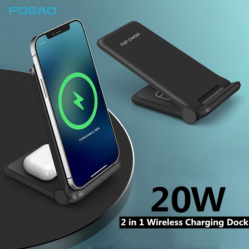 2 in 1 20W Fast Qi Wireless Charger Stand For Samsung S21 S20 S10 Foldable Charging Holder For iPhone 12 11 XR XS 8 Airpods Pro