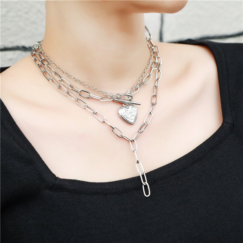 Punk gold silver color multi-layer cuban link chain necklace open heart pendant choker necklaces for women