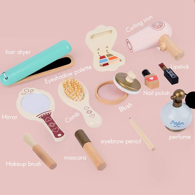 Baby-schminkset aus holz für mädchen, spielzeug-kosmetiktasche zum rollenspiel, friseursalon-spielzeug, schminkwerkzeug-einstellen für weihnachten
