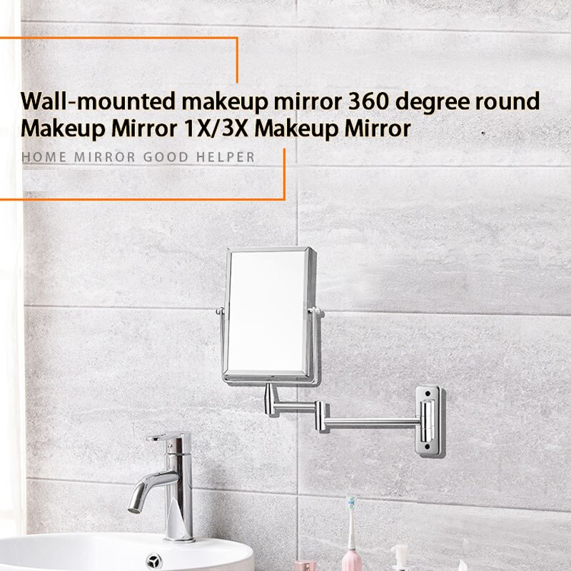 Rectangular bathroom Makeup Mirror, Wall Mounted with 3X Magnification, Double Sided Vanity Mirror, 360 Swivel, Foldable Arm