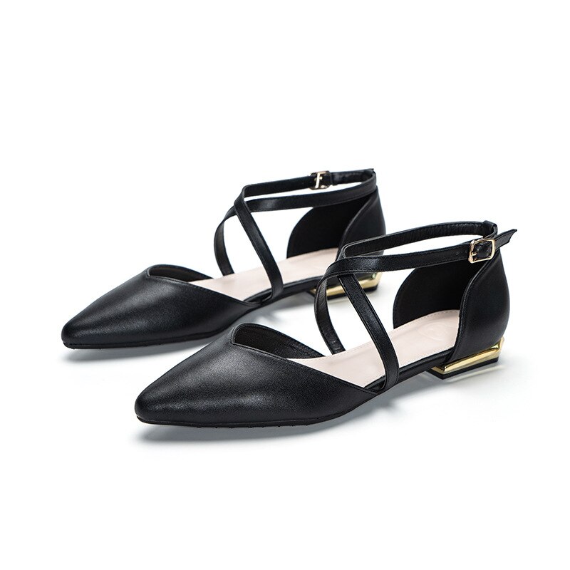 cross narrow band flat shoes woman pointed toe D'orsay ballet flats 34-43 big size OL working shoes woman metal heel mules: Black / 9.5