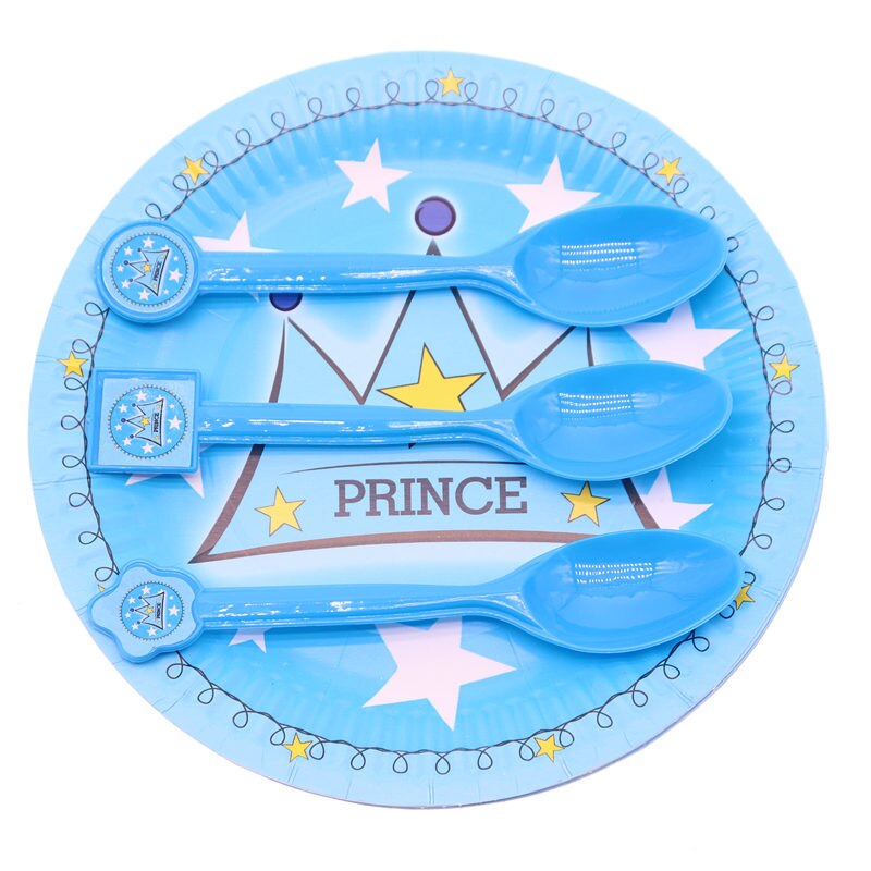 Bleu Prince couronne thème fête d'anniversaire assiettes tasses pailles mariage bébé douche décorations drapeau fournitures vaisselle jetable ensemble: Spoon 10pcs